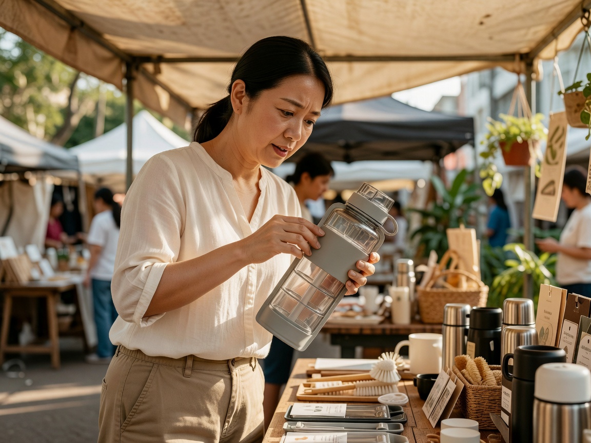 A curious shopper examining a practical everyday object in a bright, natural setting