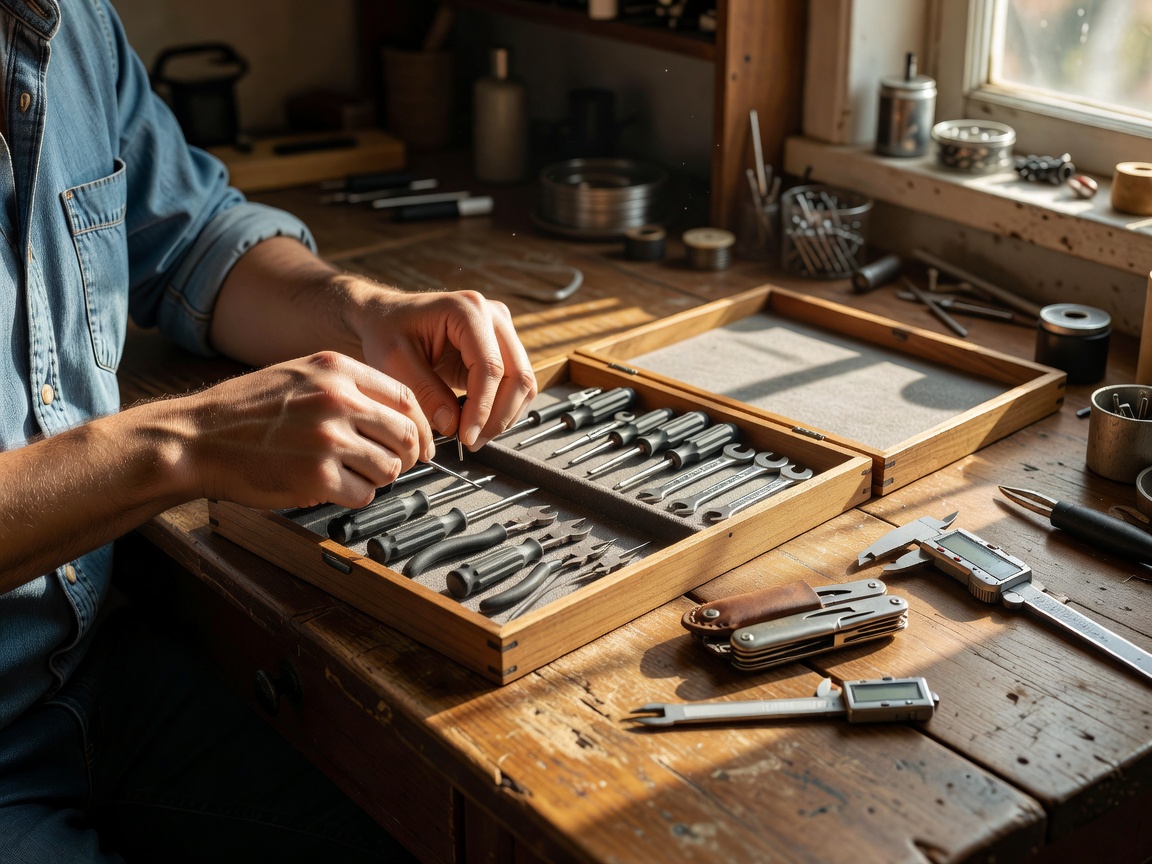 A person organizing small work tools at a sunlit desk