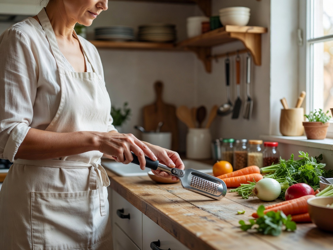 A person preparing a meal in a naturally lit kitchen with a compact practical utensil