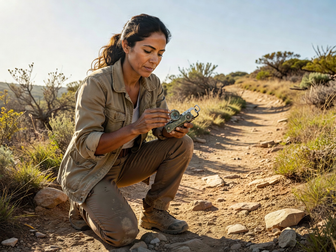 A traveler checking a compact practical accessory beside a sunlit walking trail
